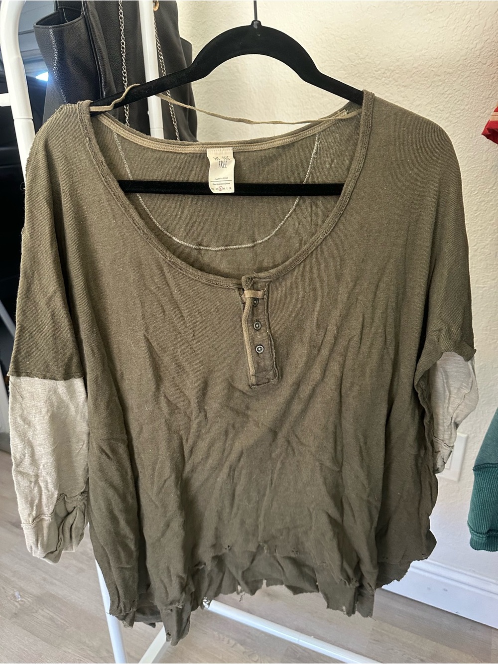 Free People Olive Green Layered Henley Top with Light Gray Sleeve Panels